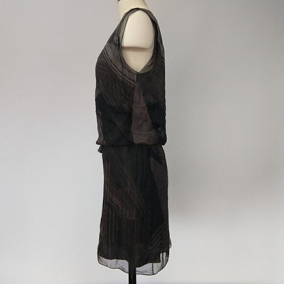 Reed Krakoff Gray Silk Dress Size 8 Blouson Chiffon Overlay Print Asymmetric - Picture 9 of 16